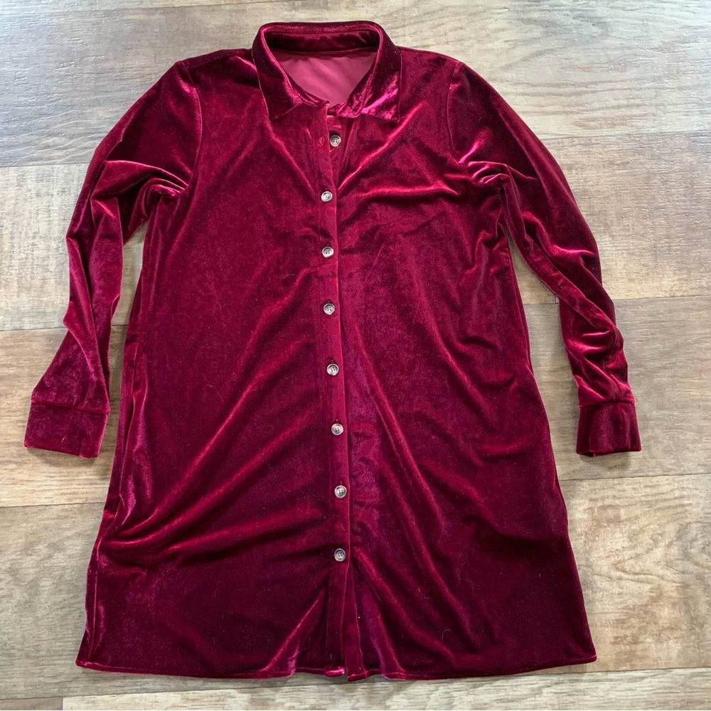 New wine Burgundy velour button front collared midi dress